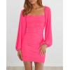 MEROKEETY Women Square Neck Lantern Long Sleeve Mesh Ruched Bodycon Clubwear Mini Dress(Fluopink)