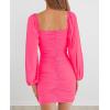MEROKEETY Women Square Neck Lantern Long Sleeve Mesh Ruched Bodycon Clubwear Mini Dress(Fluopink)
