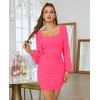 MEROKEETY Women Square Neck Lantern Long Sleeve Mesh Ruched Bodycon Clubwear Mini Dress(Fluopink)