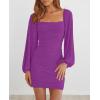 MEROKEETY Women Square Neck Lantern Long Sleeve Mesh Ruched Bodycon Clubwear Mini Dress(Grape Purple)