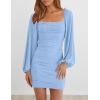 MEROKEETY Women Square Neck Lantern Long Sleeve Mesh Ruched Bodycon Clubwear Mini Dress(Lightblue)
