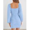 MEROKEETY Women Square Neck Lantern Long Sleeve Mesh Ruched Bodycon Clubwear Mini Dress(Lightblue)