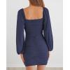 MEROKEETY Women Square Neck Lantern Long Sleeve Mesh Ruched Bodycon Clubwear Mini Dress(Navy)
