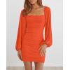 MEROKEETY Women Square Neck Lantern Long Sleeve Mesh Ruched Bodycon Clubwear Mini Dress(Orange)