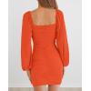 MEROKEETY Women Square Neck Lantern Long Sleeve Mesh Ruched Bodycon Clubwear Mini Dress(Orange)