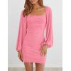 MEROKEETY Women Square Neck Lantern Long Sleeve Mesh Ruched Bodycon Clubwear Mini Dress(Pink)