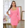 MEROKEETY Women Square Neck Lantern Long Sleeve Mesh Ruched Bodycon Clubwear Mini Dress(Pink)