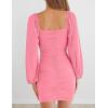 MEROKEETY Women Square Neck Lantern Long Sleeve Mesh Ruched Bodycon Clubwear Mini Dress(Pink)