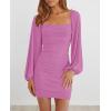 MEROKEETY Women Square Neck Lantern Long Sleeve Mesh Ruched Bodycon Clubwear Mini Dress(Purple)