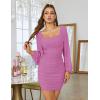 MEROKEETY Women Square Neck Lantern Long Sleeve Mesh Ruched Bodycon Clubwear Mini Dress(Purple)