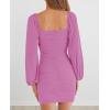 MEROKEETY Women Square Neck Lantern Long Sleeve Mesh Ruched Bodycon Clubwear Mini Dress(Purple)