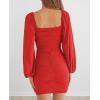 MEROKEETY Women Square Neck Lantern Long Sleeve Mesh Ruched Bodycon Clubwear Mini Dress(Red)