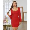 MEROKEETY Women Square Neck Lantern Long Sleeve Mesh Ruched Bodycon Clubwear Mini Dress(Red)