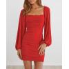 MEROKEETY Women Square Neck Lantern Long Sleeve Mesh Ruched Bodycon Clubwear Mini Dress(Red)