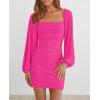 MEROKEETY Women Square Neck Lantern Long Sleeve Mesh Ruched Bodycon Clubwear Mini Dress(Rose)