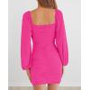 MEROKEETY Women Square Neck Lantern Long Sleeve Mesh Ruched Bodycon Clubwear Mini Dress(Rose)
