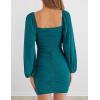 MEROKEETY Women Square Neck Lantern Long Sleeve Mesh Ruched Bodycon Clubwear Mini Dress(Teal)