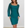 MEROKEETY Women Square Neck Lantern Long Sleeve Mesh Ruched Bodycon Clubwear Mini Dress(Teal)