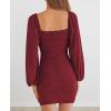 MEROKEETY Women Square Neck Lantern Long Sleeve Mesh Ruched Bodycon Clubwear Mini Dress(Winered)