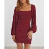 MEROKEETY Women Square Neck Lantern Long Sleeve Mesh Ruched Bodycon Clubwear Mini Dress(Winered)