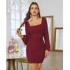 MEROKEETY Women Square Neck Lantern Long Sleeve Mesh Ruched Bodycon Clubwear Mini Dress(Winered)