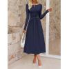 MEROKEETY Women’s 2025 Fall Long Sleeve Midi Dress Elegant Boat Neck Ruched Swing Cocktail Party Dresses(Navy)
