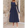 MEROKEETY Women’s 2025 Fall Long Sleeve Midi Dress Elegant Boat Neck Ruched Swing Cocktail Party Dresses(Navy)