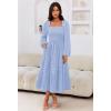 MEROKEETY Women’s 2025 Long Sleeve Fall Dress Square Neck Smocked Flowy Tiered Casual Maxi Dresses with Pockets(Blue)