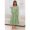 MEROKEETY Women’s 2025 Long Sleeve Fall Dress Square Neck Smocked Flowy Tiered Casual Maxi Dresses with Pockets(Green)