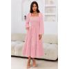 MEROKEETY Women’s 2025 Long Sleeve Fall Dress Square Neck Smocked Flowy Tiered Casual Maxi Dresses with Pockets(Pink)