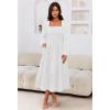 MEROKEETY Women’s 2025 Long Sleeve Fall Dress Square Neck Smocked Flowy Tiered Casual Maxi Dresses with Pockets(White)