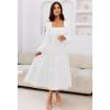 MEROKEETY Women’s 2025 Long Sleeve Fall Dress Square Neck Smocked Flowy Tiered Casual Maxi Dresses with Pockets(White)