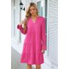 MEROKEETY Women’s 2025 Long Sleeve Midi Dress V Neck Flowy Swing Ruffle Tiered Fall Casual Dresses(Hot Pink)