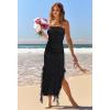 MEROKEETY Women’s 2025 Strapless Bodycon Tube Midi Dress Sexy Floral Lace Ruffle Slit Wedding Guest Cocktail Party Dresses(Black)