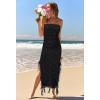 MEROKEETY Women’s 2025 Strapless Bodycon Tube Midi Dress Sexy Floral Lace Ruffle Slit Wedding Guest Cocktail Party Dresses(Black)