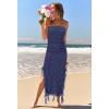MEROKEETY Women’s 2025 Strapless Bodycon Tube Midi Dress Sexy Floral Lace Ruffle Slit Wedding Guest Cocktail Party Dresses(Navy)