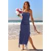MEROKEETY Women’s 2025 Strapless Bodycon Tube Midi Dress Sexy Floral Lace Ruffle Slit Wedding Guest Cocktail Party Dresses(Navy)