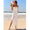 MEROKEETY Women’s 2025 Strapless Bodycon Tube Midi Dress Sexy Floral Lace Ruffle Slit Wedding Guest Cocktail Party Dresses(White)