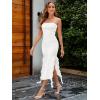 MEROKEETY Women’s 2025 Strapless Bodycon Tube Midi Dress Sexy Floral Lace Ruffle Slit Wedding Guest Cocktail Party Dresses(White)