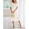 MEROKEETY Womens 2025 Summer Short Puff Sleeve Smocked Square Neck Floral Textured Tiered Midi Dress(Beige)