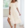 MEROKEETY Womens 2025 Summer Short Puff Sleeve Smocked Square Neck Floral Textured Tiered Midi Dress(Beige)