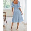 MEROKEETY Womens 2025 Summer Short Puff Sleeve Smocked Square Neck Floral Textured Tiered Midi Dress(Blue)