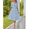 MEROKEETY Womens 2025 Summer Short Puff Sleeve Smocked Square Neck Floral Textured Tiered Midi Dress(Blue)
