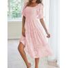 MEROKEETY Womens 2025 Summer Short Puff Sleeve Smocked Square Neck Floral Textured Tiered Midi Dress(Pink)