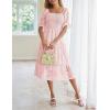 MEROKEETY Womens 2025 Summer Short Puff Sleeve Smocked Square Neck Floral Textured Tiered Midi Dress(Pink)