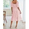 MEROKEETY Womens 2025 Summer Short Puff Sleeve Smocked Square Neck Floral Textured Tiered Midi Dress(Pink)