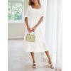 MEROKEETY Womens 2025 Summer Short Puff Sleeve Smocked Square Neck Floral Textured Tiered Midi Dress(White)