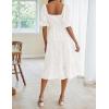 MEROKEETY Womens 2025 Summer Short Puff Sleeve Smocked Square Neck Floral Textured Tiered Midi Dress(White)