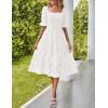 MEROKEETY Womens 2025 Summer Short Puff Sleeve Smocked Square Neck Floral Textured Tiered Midi Dress(White)