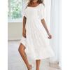 MEROKEETY Womens 2025 Summer Short Puff Sleeve Smocked Square Neck Floral Textured Tiered Midi Dress(White)